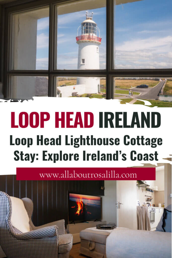 Images of Loop Head Lighthouse with text overlay Loop Head Lighthouse Cottage Stay: Explore Ireland’s Coast.